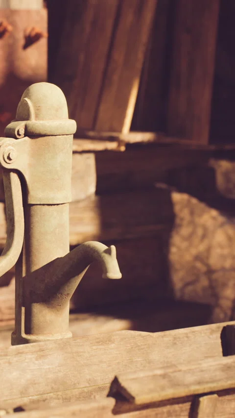 Old water pump stands still in a wooden setting during daytime Stock Footage 339774010