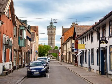 Old water tower and a street of Lidkoping, Sweden Stock Photos