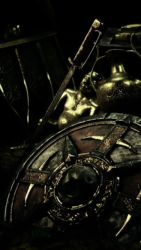 Old weapons and artifacts placed on a dark surface in a storage area Stock Footage 331368032