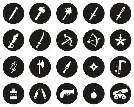 Old Weapons Or Ancient Weapons Icons White On Black Flat Design Circle Set Bi Stock Illustration