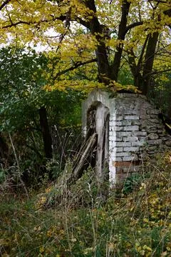 Old weathered brick structure. Abandoned building entrance in woodland Stock Photos