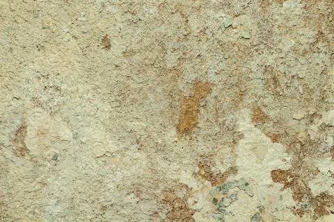 Old weathered plaster wall texture with peeling paint and rust spots background 스톡 사진