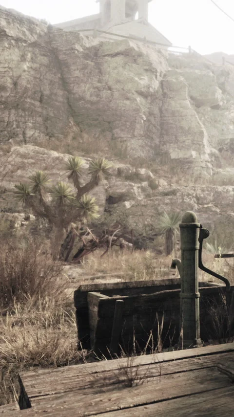 Old well and dry landscape in a dusty area near mountains Vidéo 337972675
