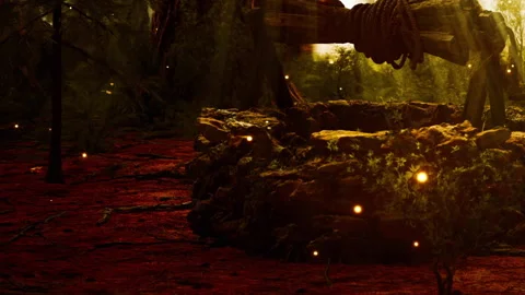 Old well surrounded by plants and lights in a dark forest at night Stock Footage 338159018