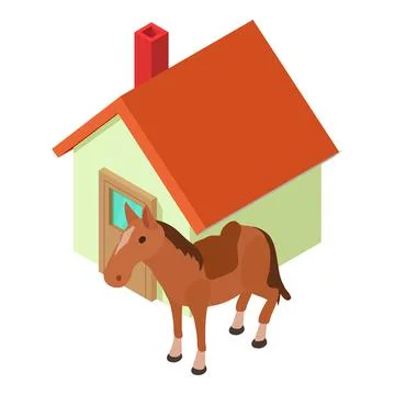 Old west icon isometric vector. Cowboy horse with saddle near the building icon Ilustración de archivo