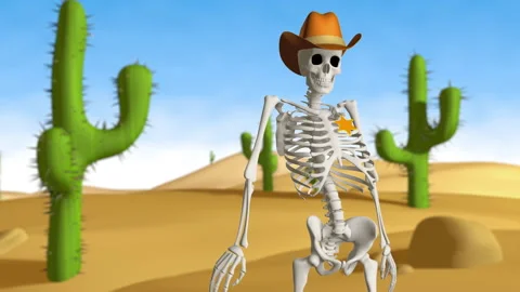 Old West Scene with Skeleton Sheriff - Shallow Depth of Field - 3D Stock Footage 142862532