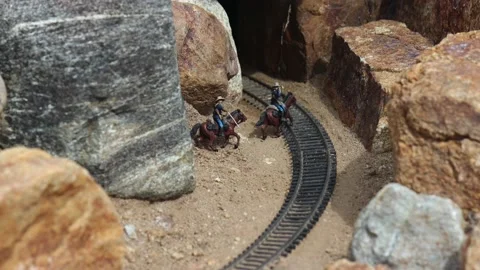 Old West Train Diorama with Cavalry Soldiers Stock Footage 237140918