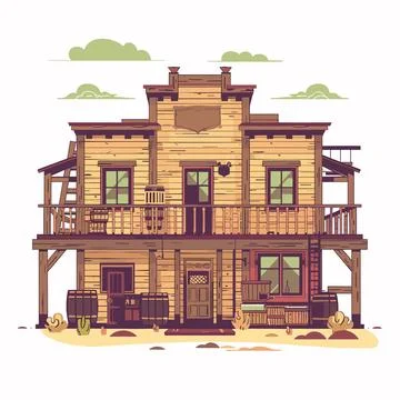 Old western saloon facade vector illustration, wooden building design cartoon Ilustración de archivo