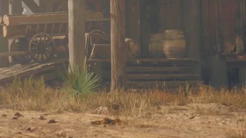 Old Western Town Scene With Rustic Elements and Natural Surroundings Stock Footage 347253788