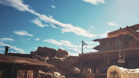 Old western town under clear blue sky with wagon and buildings Video stock 344844651
