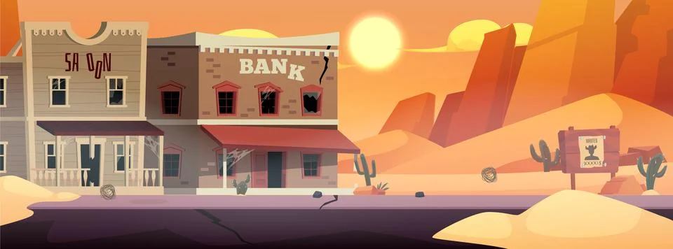 Old western town vector flat illustration. Abandoned and destroyed Bank and s Illustrazione stock
