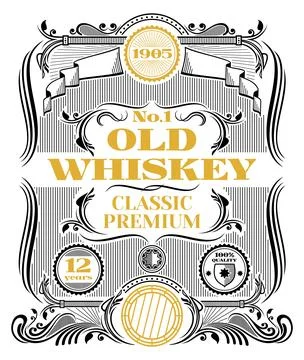 Old whiskey label in engraved style. Classic premium alcohol product Stock Illustration