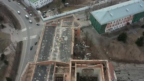 Old white dilapidated building with columns in the city Stock Footage 158855223
