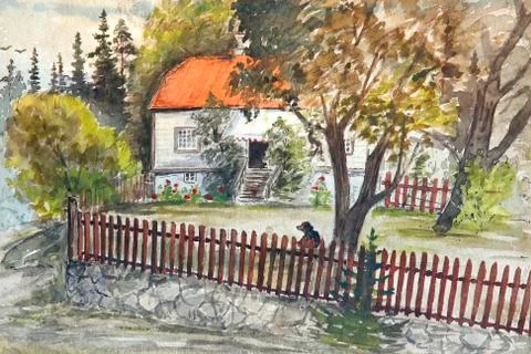 Old white house with orange roof Stock Illustration