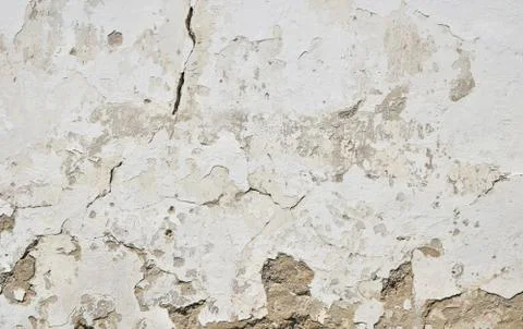 Old white painted plaster wall with cracks and stains Stock Photos
