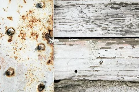 Old white painted rust weathered distressed iron and wood oak plank board bac Stock Photos