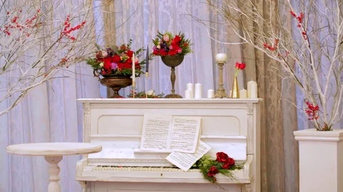 The old white piano with notes and flowers 스톡 동영상 73345370