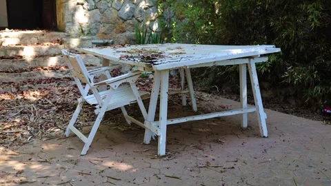 An old white table and chair surrounded by fallen leaves. Stock Footage 312458053