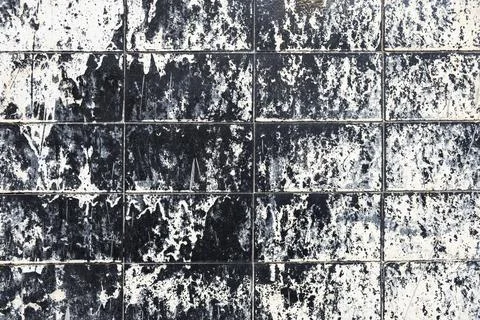 Old white wall with large rectangular ceramic tiles and stains of black paint Stock Photos