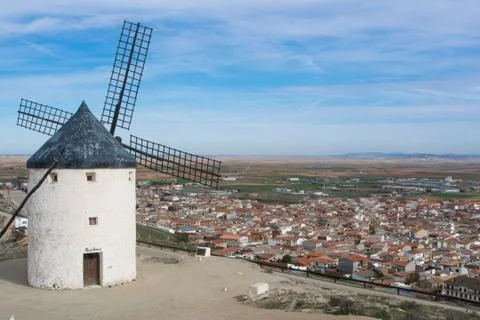 Old white windmill at a viewpoint on the hill near Consuegra (Castilla La M.. Stock Photos