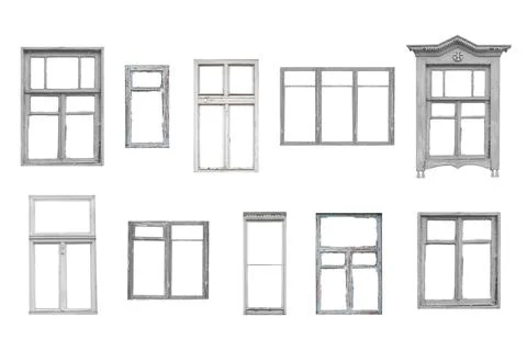 Old white window frames, different shapes isolated on white background. Stock-Fotos