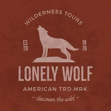 Old wilderness label with wolf and typography elements. Vintage style wolf logo Stock Illustration
