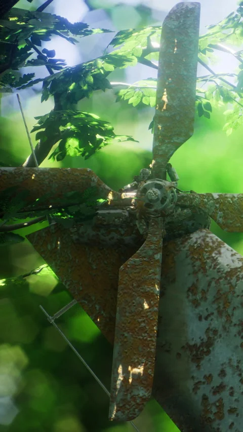 Old wind turbine blades surrounded by greenery in a forest scene Video stock 334889527
