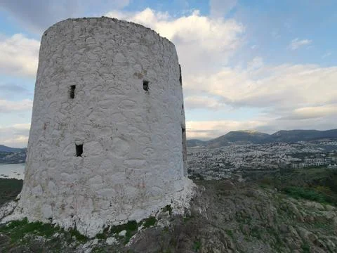 Old windmill in Bodrum city Stock Photos