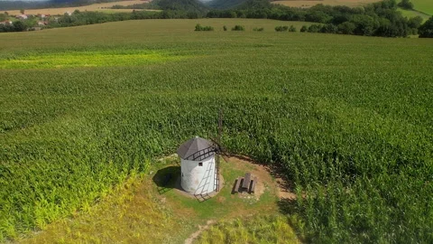 Old windmill in the field. Old stone windmill with wooden blades. Stock Footage 167362535