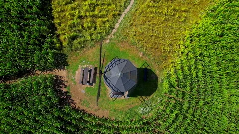 Old windmill in the field. Old stone windmill with wooden blades. Stock Footage 167370020
