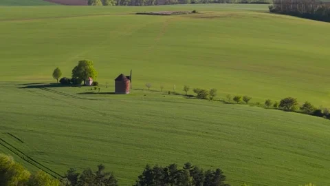 Old Windmill Green Field Landscape Aerial Stock Footage 336297771