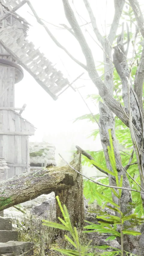 Old windmill near trees and plants in foggy weather at a rural location Stock Footage 334250089