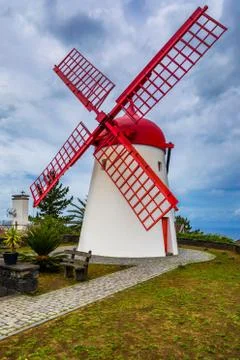 Old windmill Red Peak Mill in Bretanha (Sao Miguel, Azores). Traditional whit Stock Photos