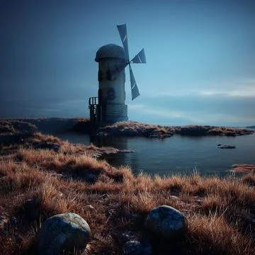 Old windmill on the shore of a pond or lake. Illustrazione stock