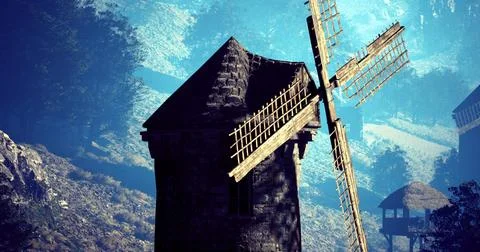 Old windmill stands tall amidst a serene landscape at dawn Stock Illustration