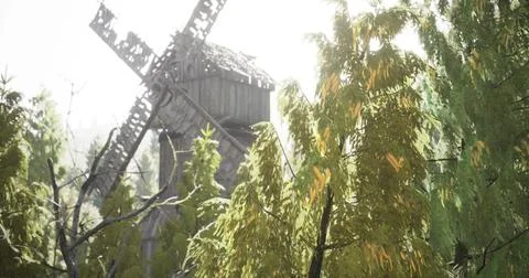 Old windmill surrounded by lush greenery on a sunny day Stock Illustration