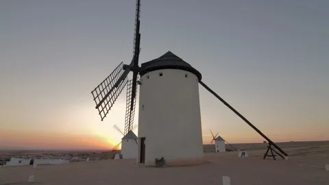 Old windmills in the sunset at La Mancha, Spain, the land of Don Quixote 库存影片 108612403