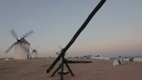 Old windmills in the sunset at La Mancha, Spain, the land of Don Quixote Stock-Footage 108612404