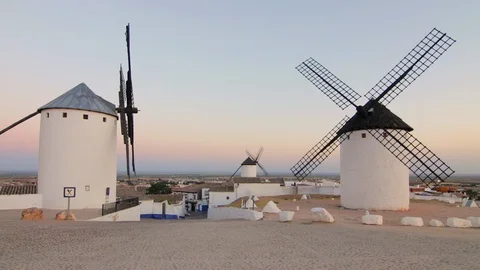Old windmills in the sunset at La Mancha, Spain, the land of Don Quixote Stock-Footage 108612417