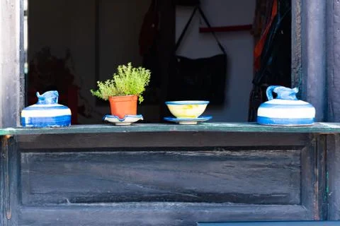 Old window and with Plants in Pots, Teguise, Lanzarote, Canary Islands, Spain Stock Photos