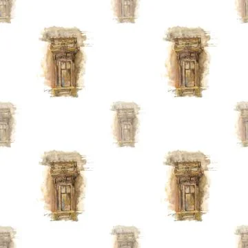 Old window architecture on white background. Seamless watercolor pattern Stock Photos