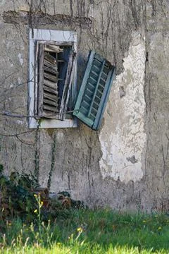 Old window with broken blinds in a wall with ivy climbing a decaying facade Stock Photos