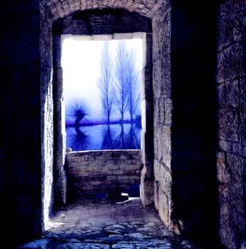 Old window with cold light view Stock Illustration