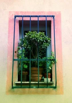 Old window with flower pot Stock Photos
