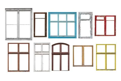 Old window frames of different shapes and colors isolated on white background Stock Photos