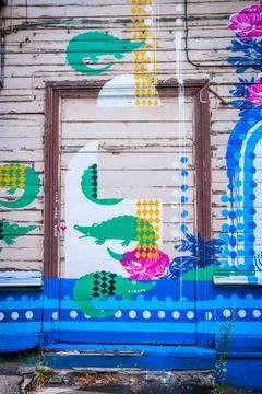  Old window in old building painted in different colors Colorful bright wa... Fotos de archivo