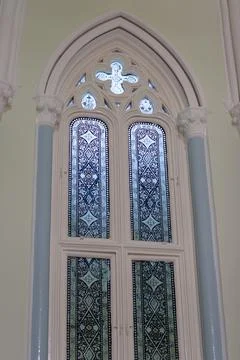 Old window with stained glass on facade of the building 21 Oct 2006 Fotos de archivo