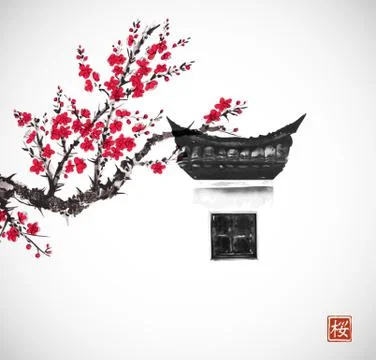 Old window with typical Chinese design elements on white wall and cherry in b Illustrazione stock