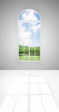 Old window with view of trees and clouds on white Stock Photos