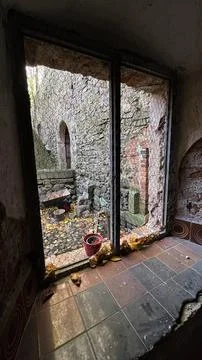 Old windows in the castle, view from the inside Poland Stock Photos